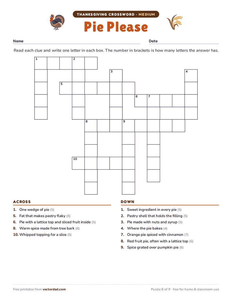 Printable Thanksgiving crossword puzzle — Pie Please (medium, 12 words)