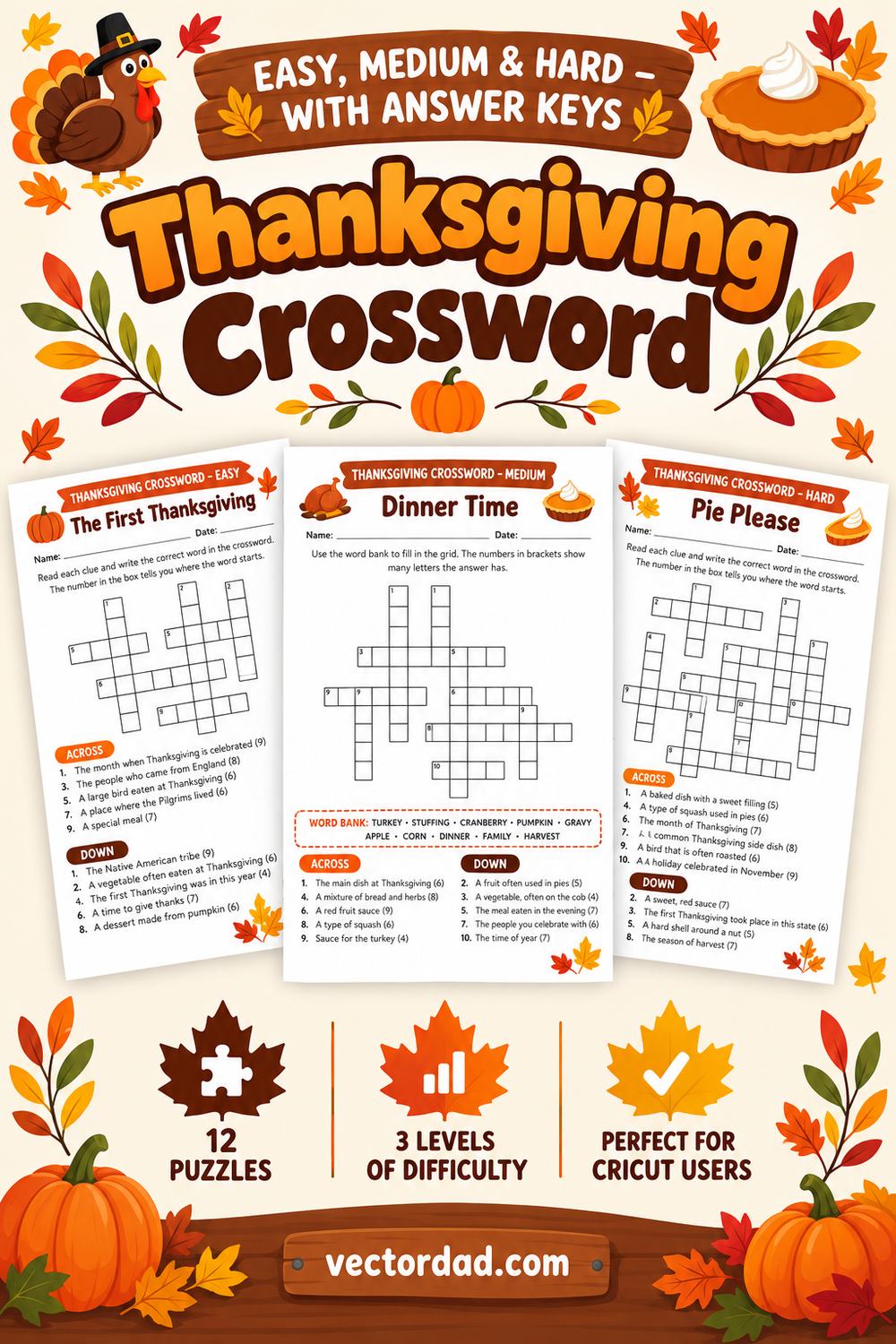 Free printable Thanksgiving crossword puzzles with answer keys from VectorDad
