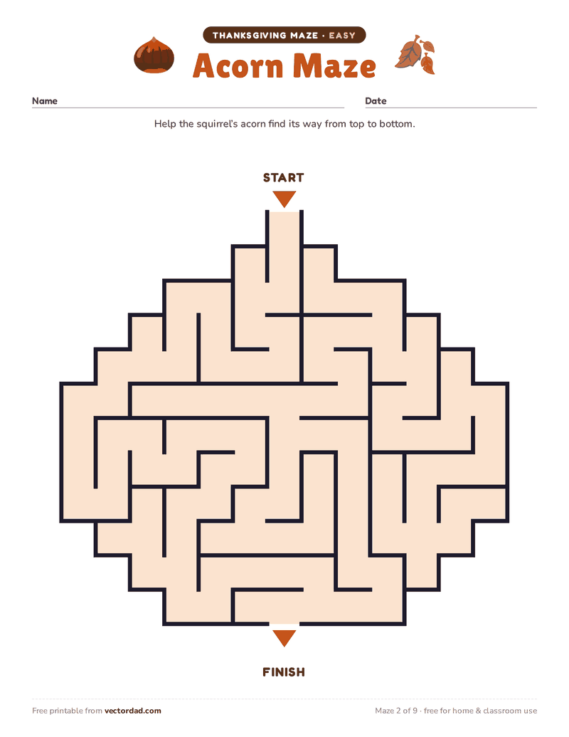Printable Thanksgiving maze β Acorn Maze (easy)