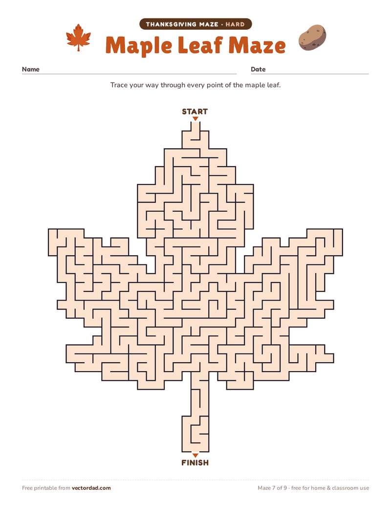 Printable Thanksgiving maze β Maple Leaf Maze (hard)