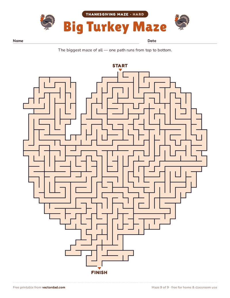 Printable Thanksgiving maze β Big Turkey Maze (hard)