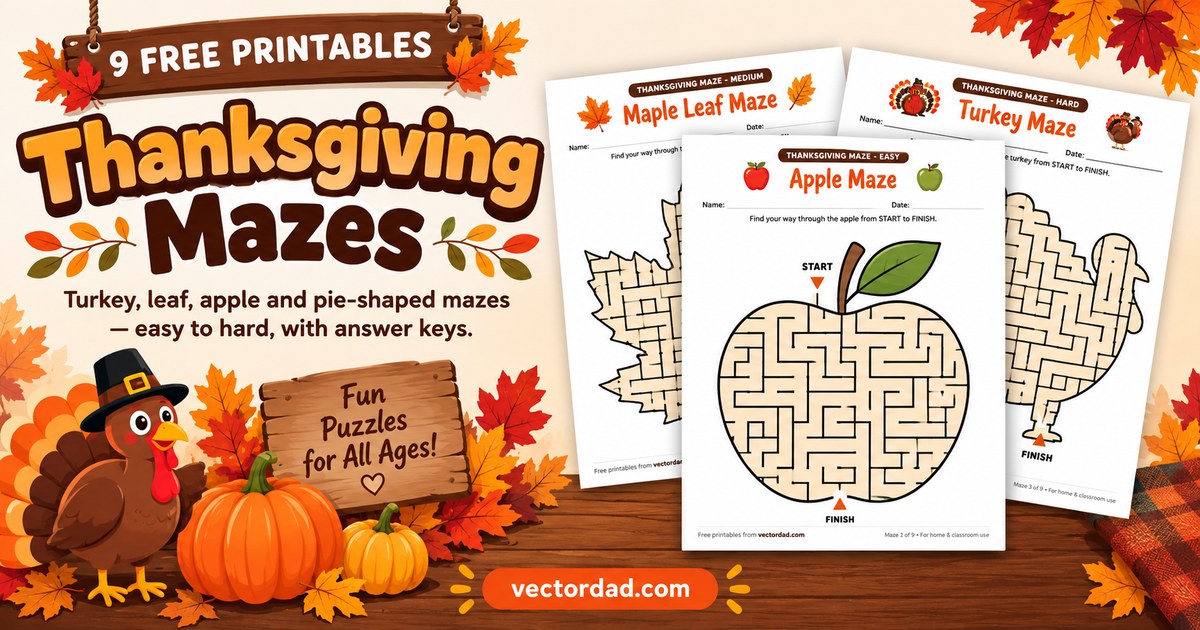 Printable Thanksgiving mazes shaped like a turkey, a maple leaf and an apple, with answer keys