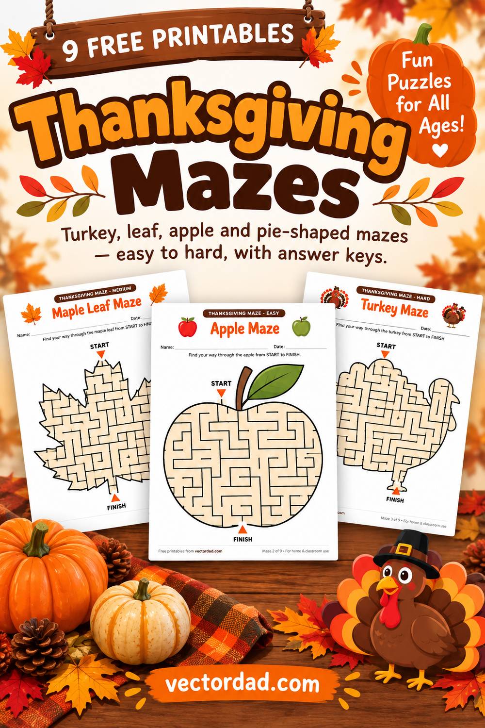 Free printable Thanksgiving mazes shaped like turkeys and leaves from VectorDad