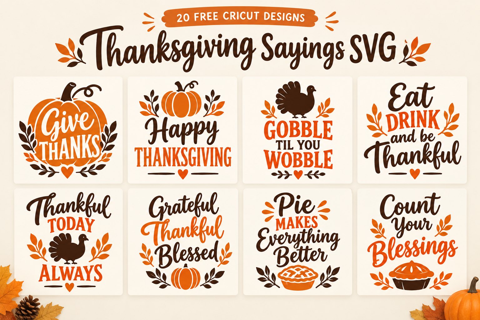 Thanksgiving sayings SVG designs for Cricut: Give Thanks, Happy Thanksgiving, Gobble Til You Wobble