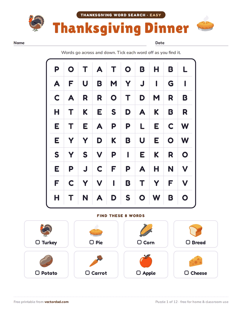 Printable Thanksgiving word search — Thanksgiving Dinner (easy, 8 words)