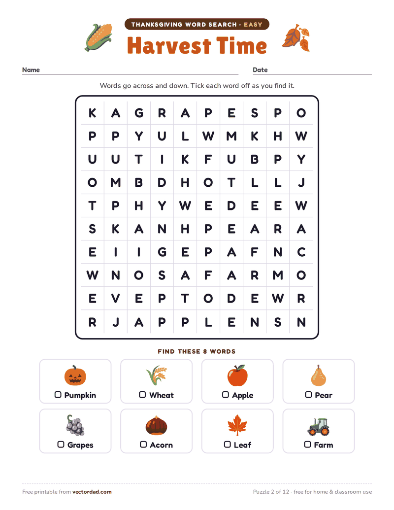 Printable Thanksgiving word search — Harvest Time (easy, 8 words)