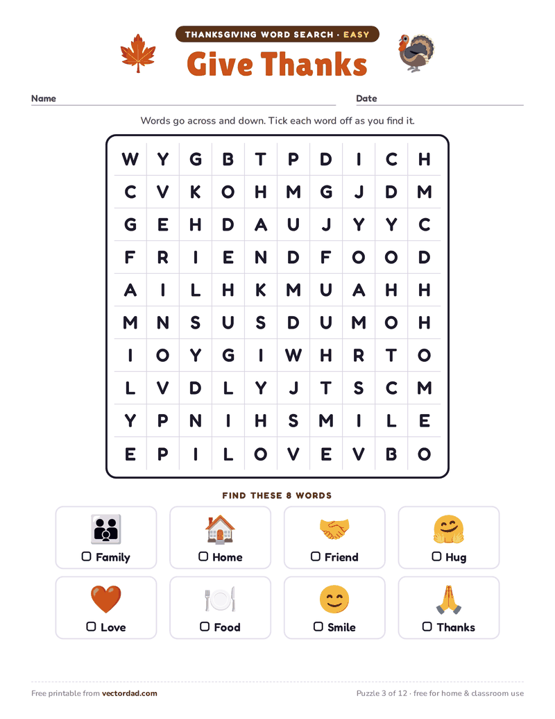 Printable Thanksgiving word search — Give Thanks (easy, 8 words)