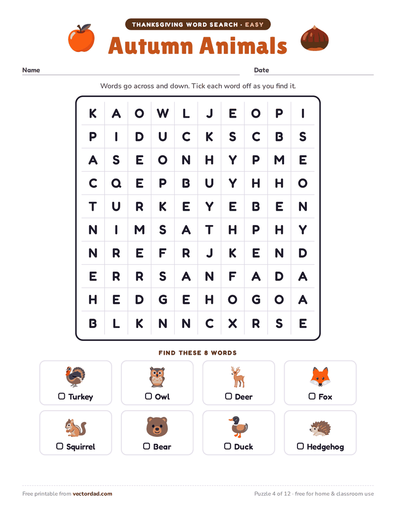Printable Thanksgiving word search — Autumn Animals (easy, 8 words)