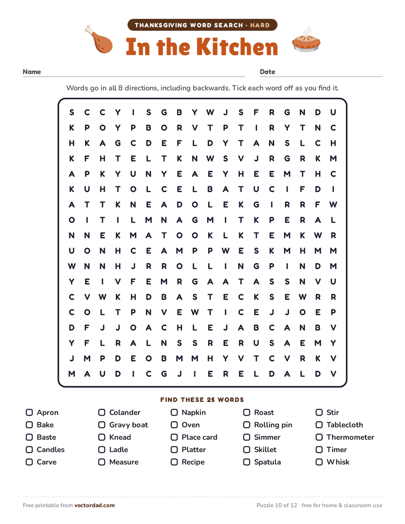 Printable Thanksgiving word search — In the Kitchen (hard, 25 words)