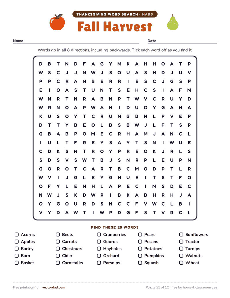 Printable Thanksgiving word search — Fall Harvest (hard, 25 words)