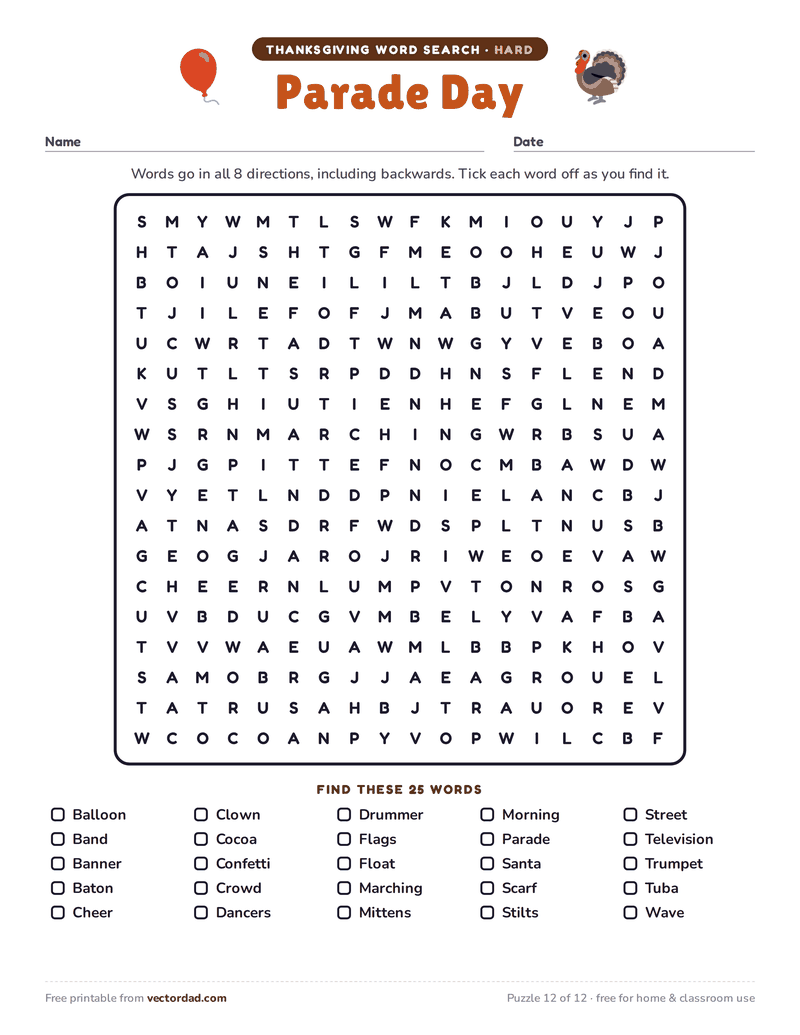 Printable Thanksgiving word search — Parade Day (hard, 25 words)