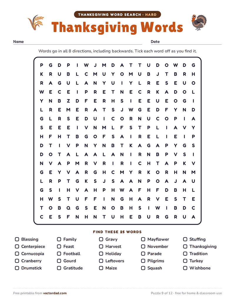 Printable Thanksgiving word search — Thanksgiving Words (hard, 25 words)