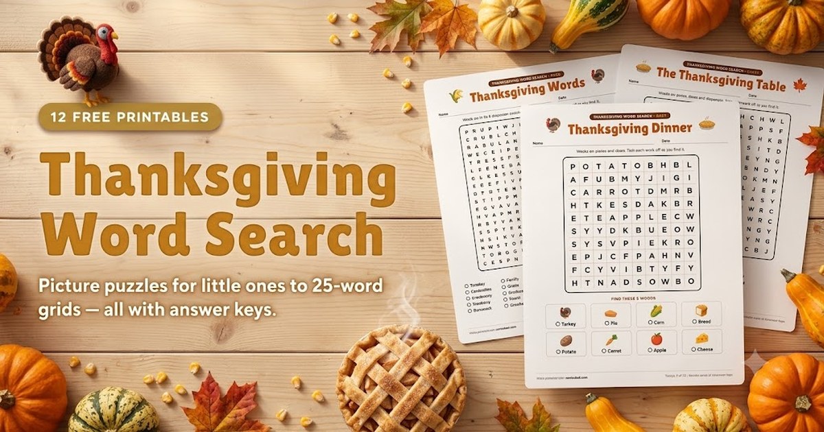 Printable Thanksgiving word search puzzles — easy picture puzzles, medium and hard grids with answer keys