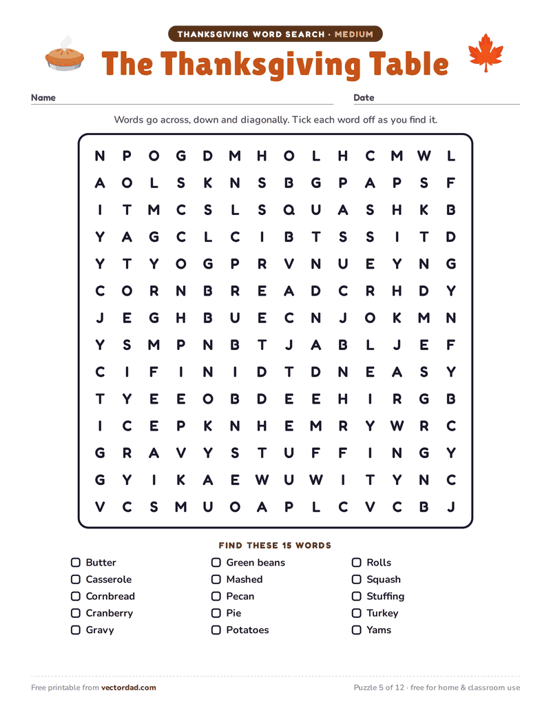 Printable Thanksgiving word search — The Thanksgiving Table (medium, 15 words)