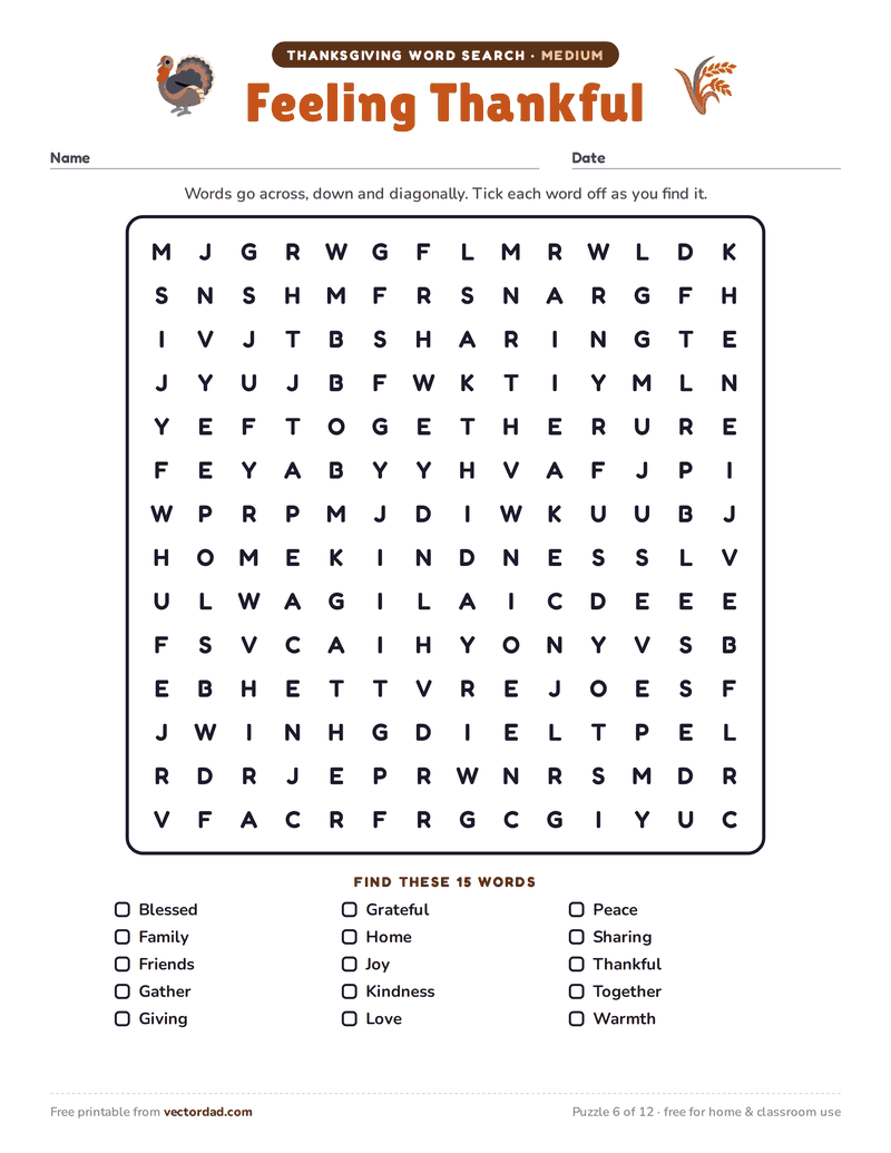 Printable Thanksgiving word search — Feeling Thankful (medium, 15 words)