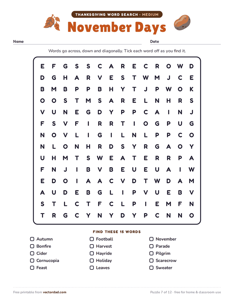 Printable Thanksgiving word search — November Days (medium, 15 words)