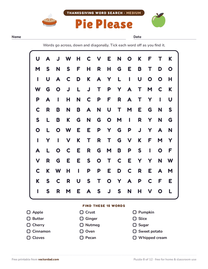 Printable Thanksgiving word search — Pie Please (medium, 15 words)