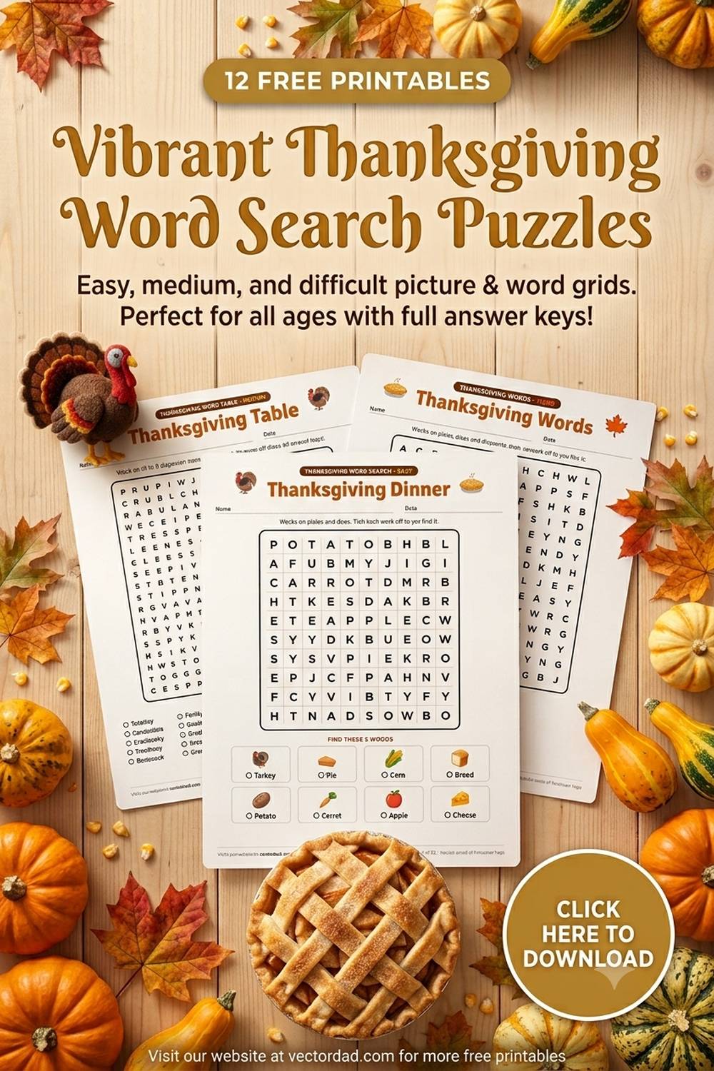 Free printable Thanksgiving word search puzzles with answer keys from VectorDad