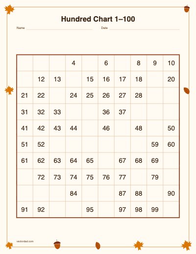Printable fall fill-in hundred chart