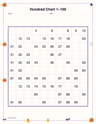 Printable Halloween fill-in hundred chart
