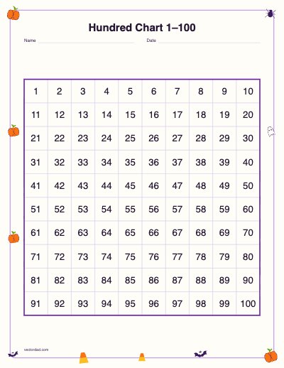 Printable Halloween hundred chart 1–100