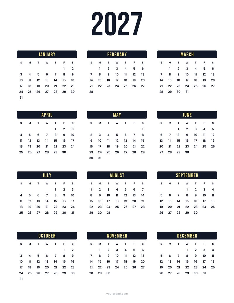 Bold 2027 calendar vector template with black month header bars