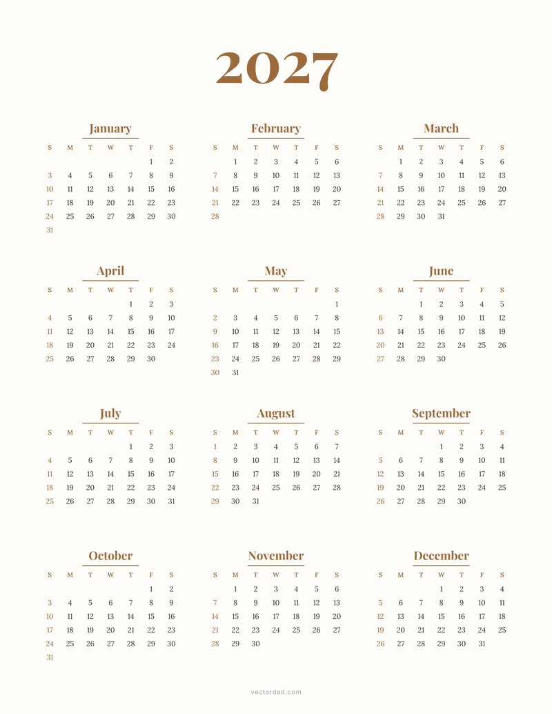 Elegant serif 2027 calendar vector on an ivory background
