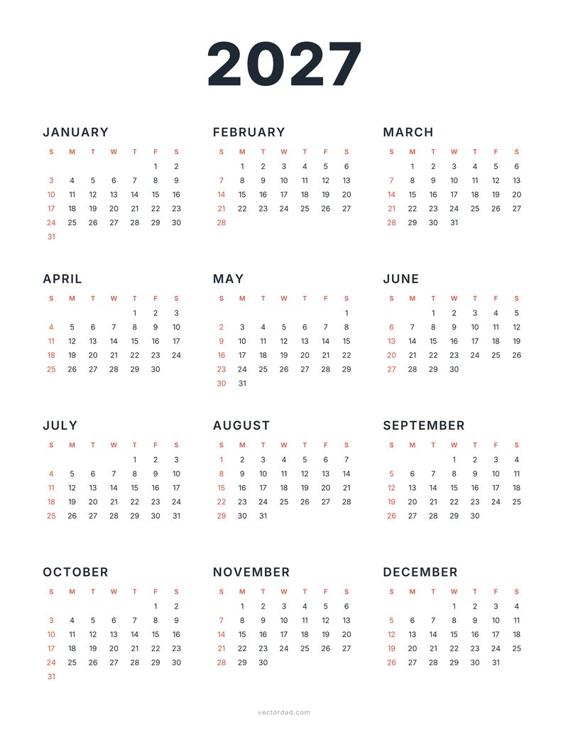 2027 calendar vector in a minimal style — yearly page with all 12 months