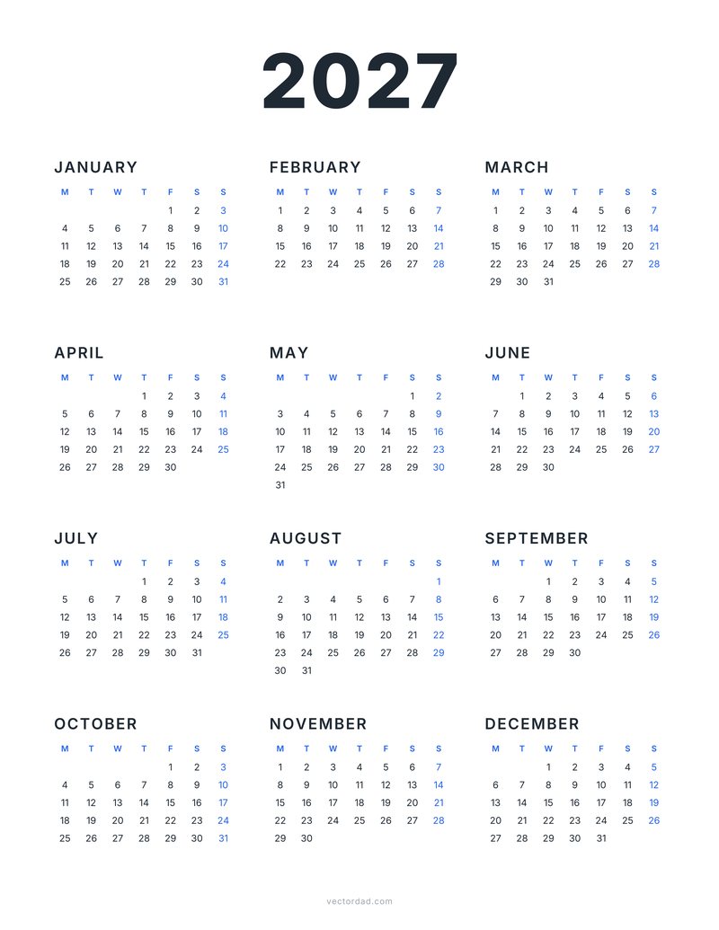 2027 calendar vector with Monday start — minimal yearly layout