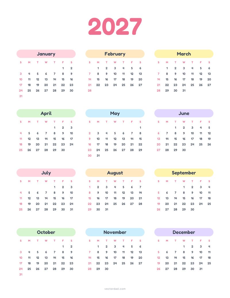 Pastel 2027 calendar vector for kids with colorful month labels