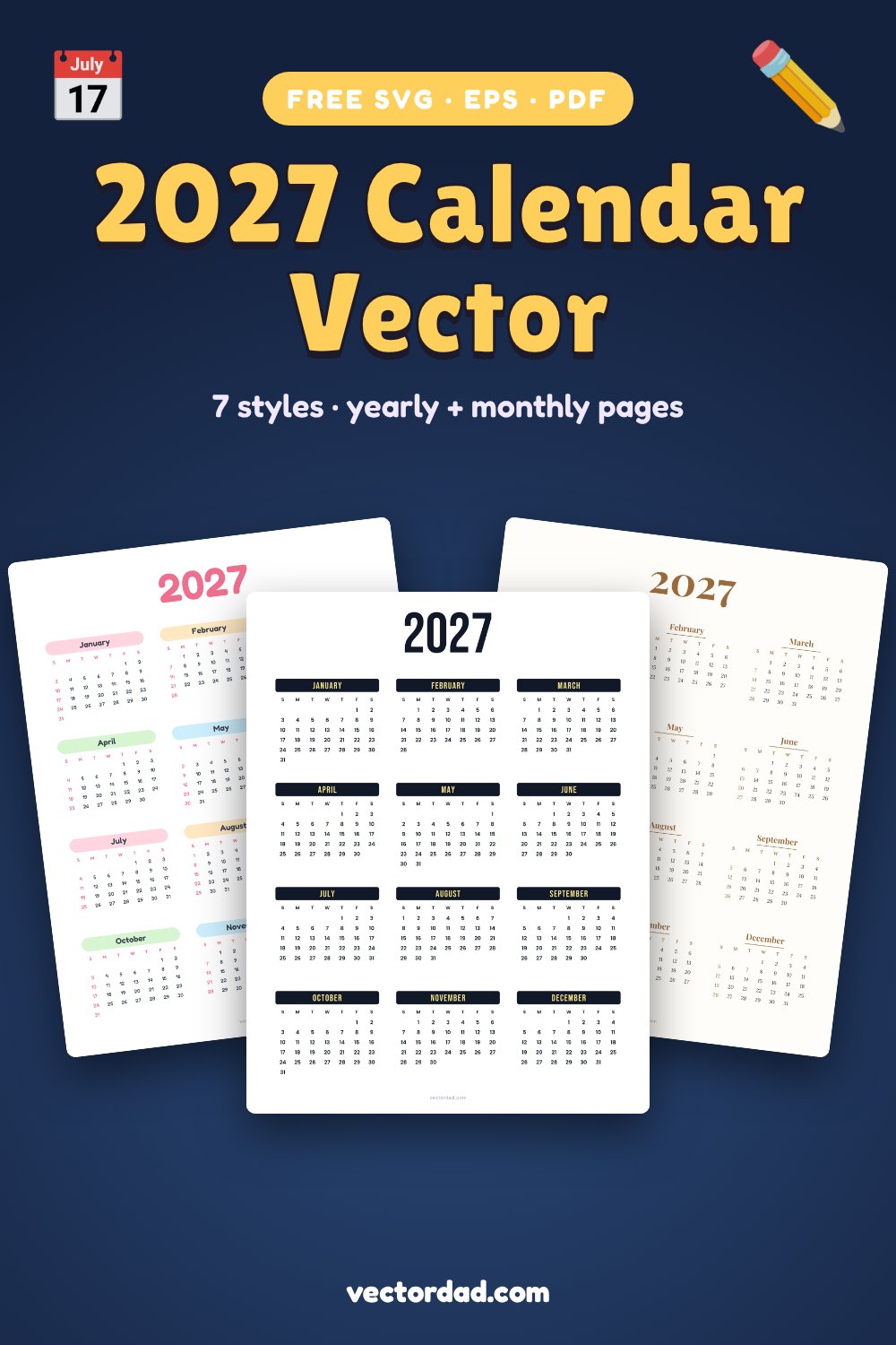 Free 2027 calendar vector templates — SVG, EPS and PDF from VectorDad