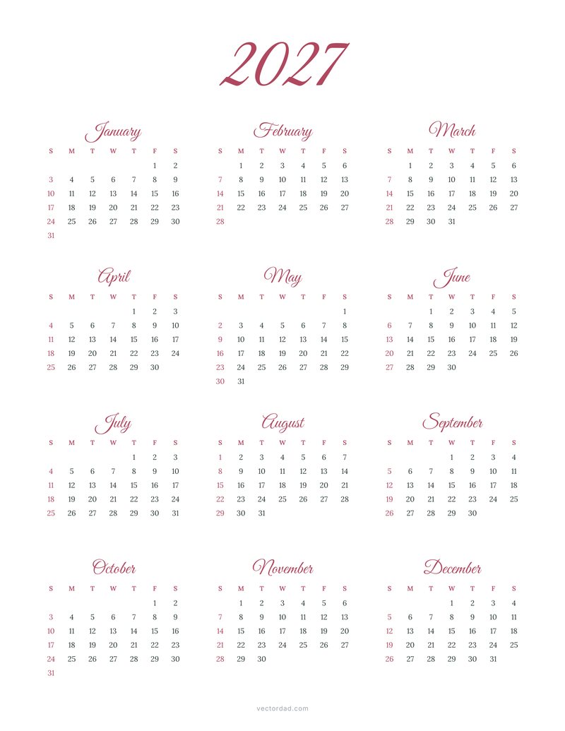 2027 calendar vector with script month names