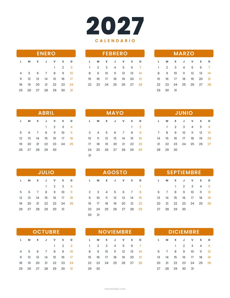 Calendario 2027 vector en español — plantilla anual con semanas de lunes a domingo