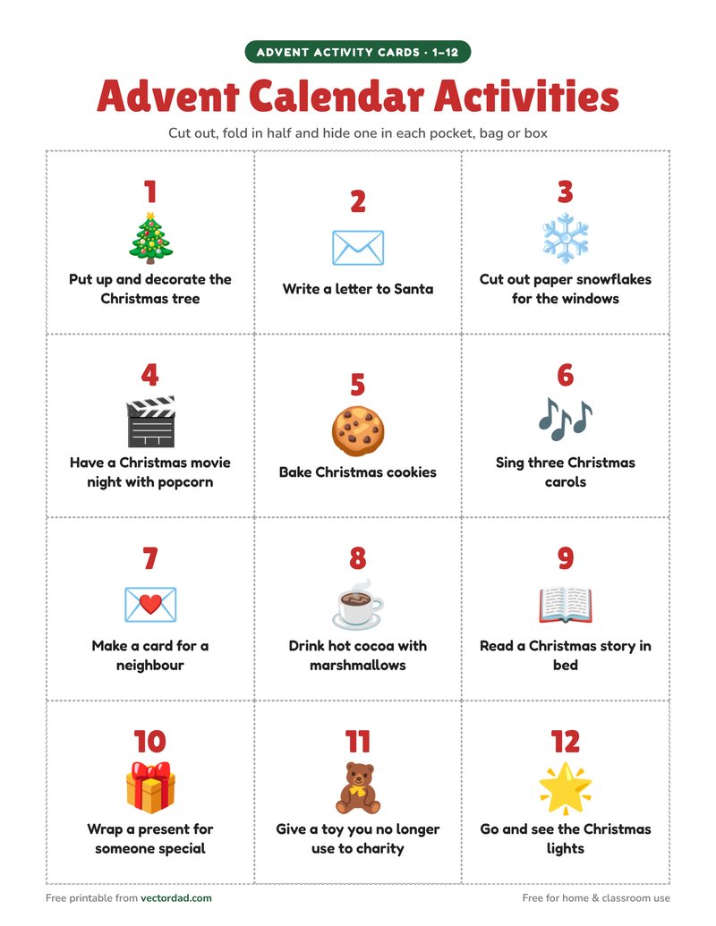 24 printable advent calendar activity cards with Christmas ideas for each day