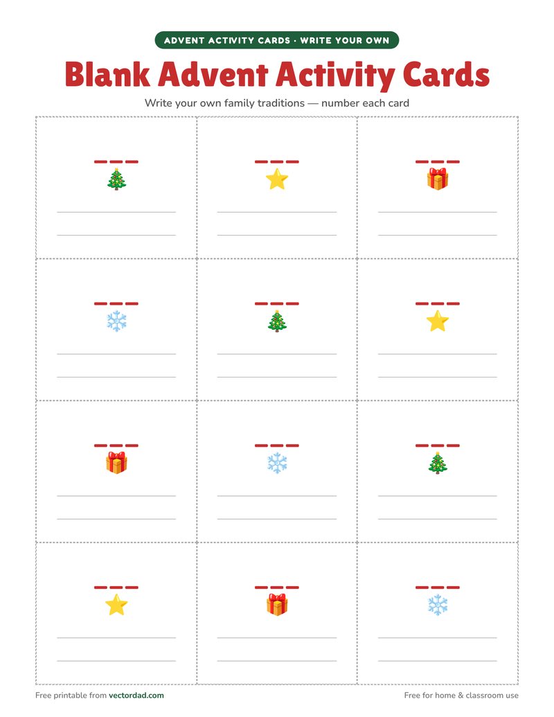 Blank advent calendar activity cards to write your own family traditions