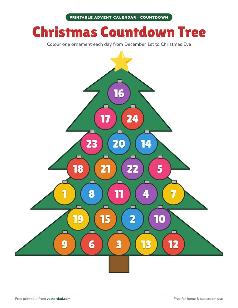Printable advent calendar countdown tree with 24 numbered ornaments