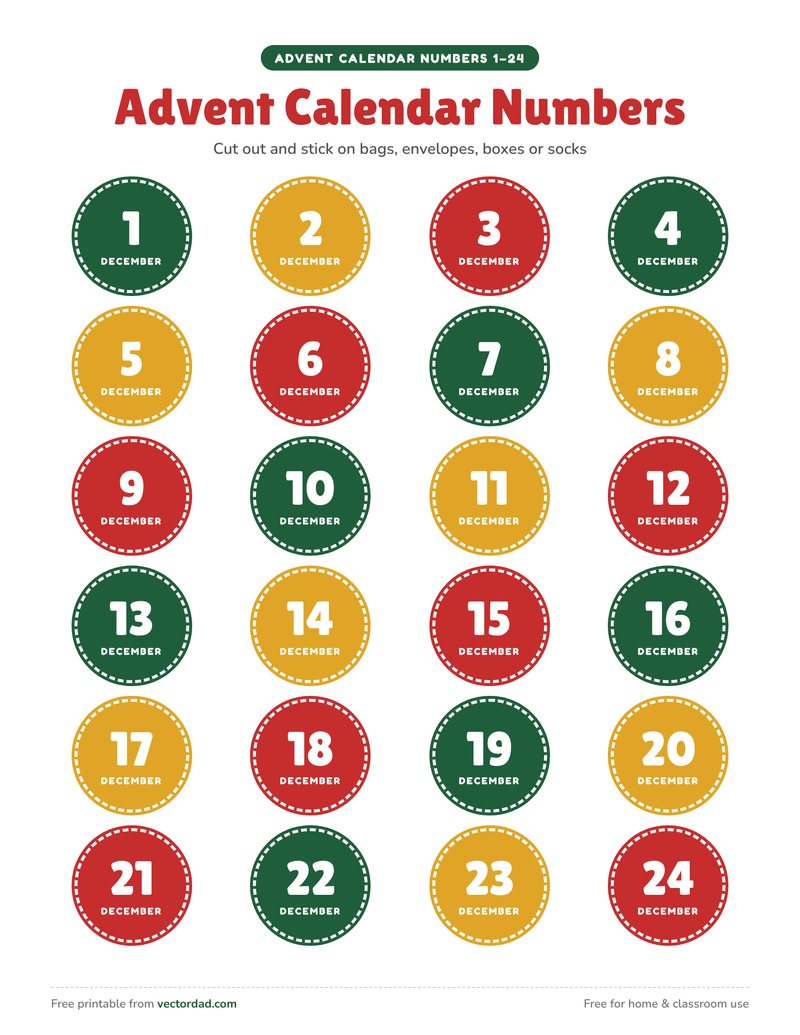 Printable advent calendar numbers 1 to 24 in red, green and gold circles