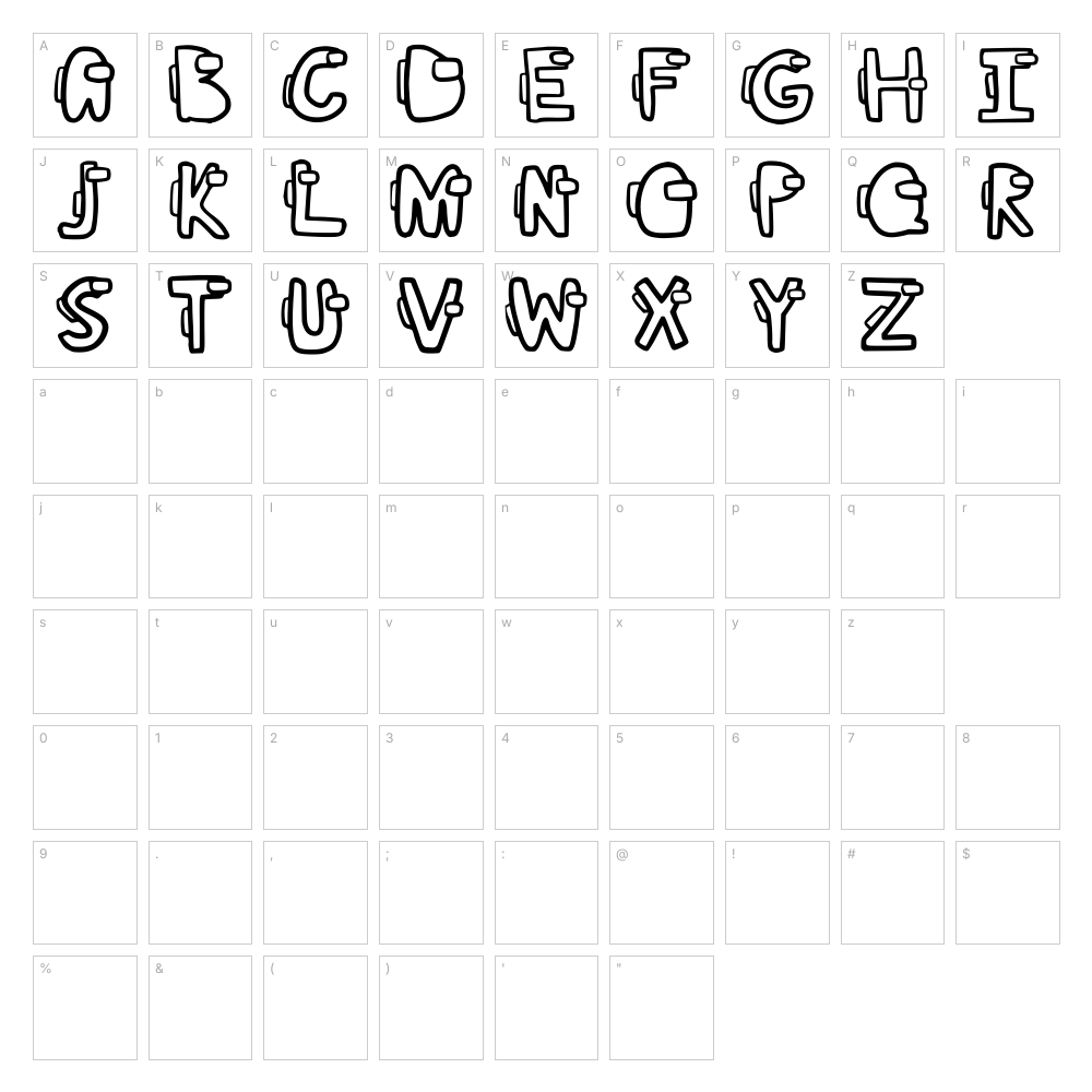 Among Us font character map: AβZ, aβz, 0β9 and punctuation