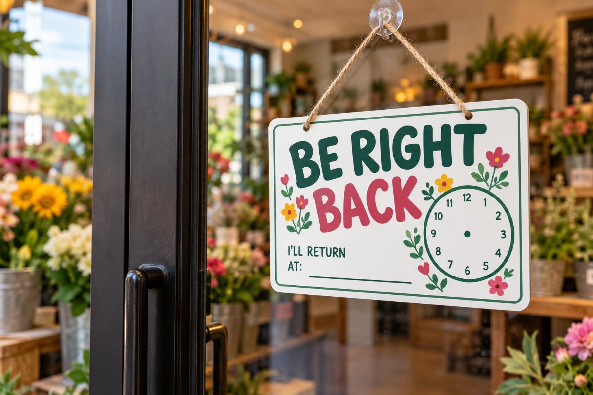 Be right back sign with a clock face hanging on a florist shop door