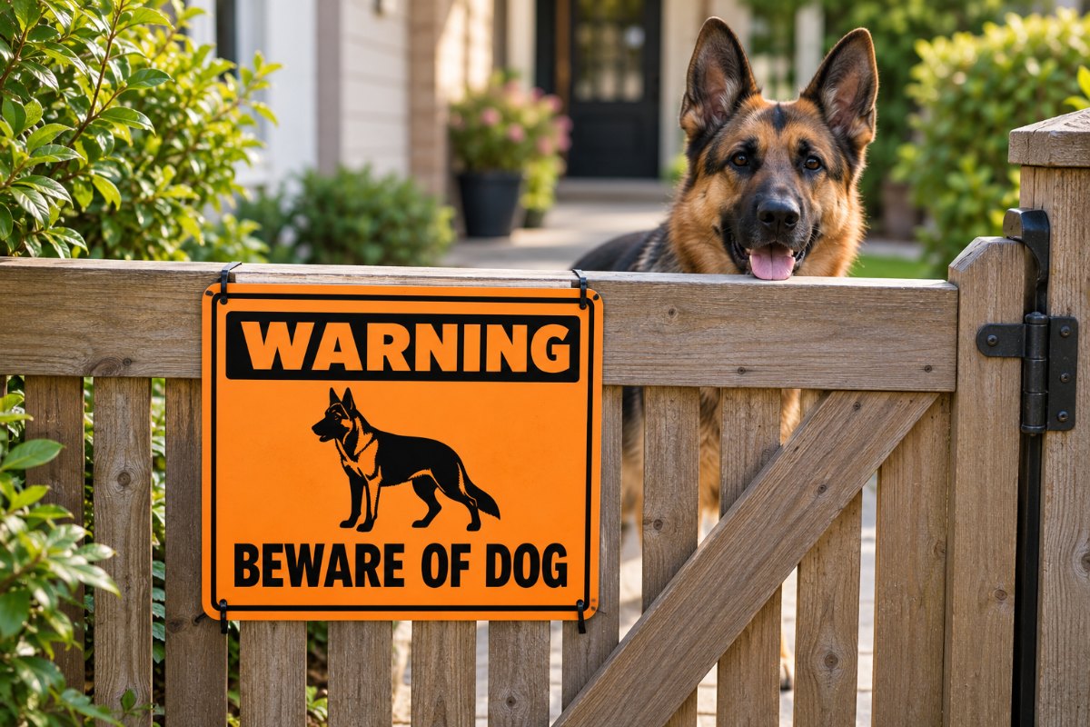 Orange warning beware of dog sign on a wooden garden gate