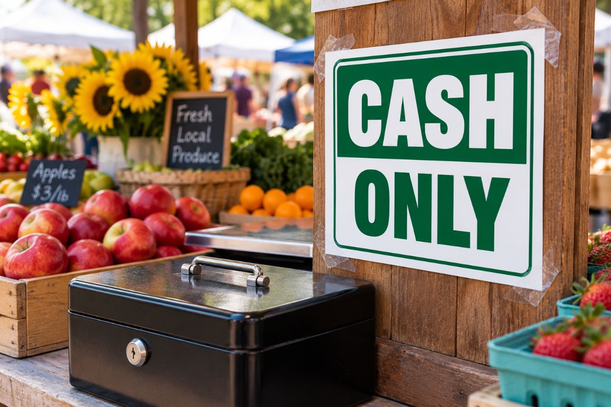 Green cash only sign at a farmers market stall