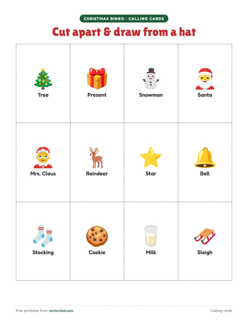 Christmas bingo calling cards to cut apart, with star and snowflake markers