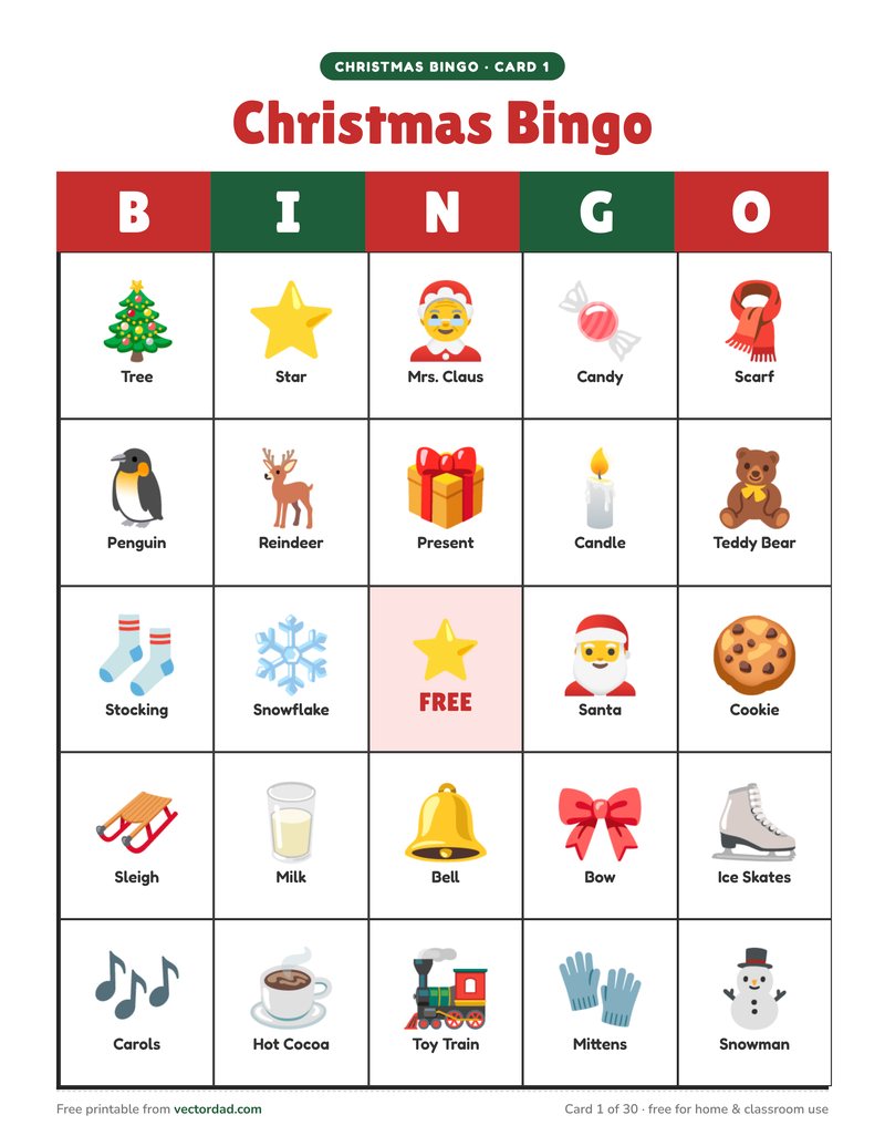 Printable Christmas bingo card โ 5 ร 5 picture grid with a free space
