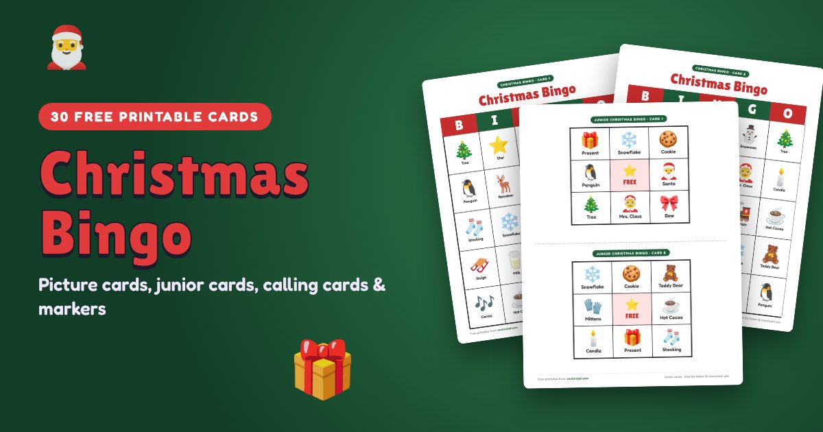 Printable Christmas bingo cards with Santa, a snowman, presents and reindeer, plus junior cards
