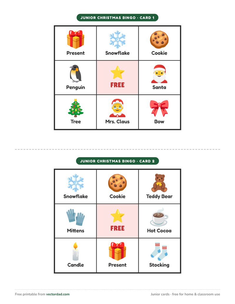 Printable junior Christmas bingo cards โ 3 ร 3 grids with big pictures