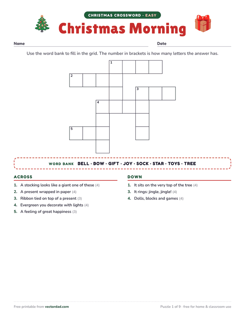 Printable Christmas crossword puzzle — Christmas Morning (easy, 8 words)
