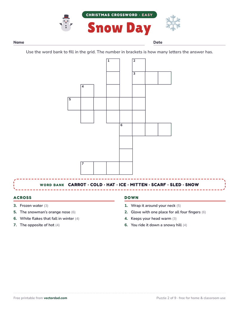Printable Christmas crossword puzzle — Snow Day (easy, 8 words)