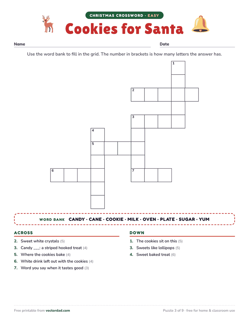 Printable Christmas crossword puzzle — Cookies for Santa (easy, 8 words)