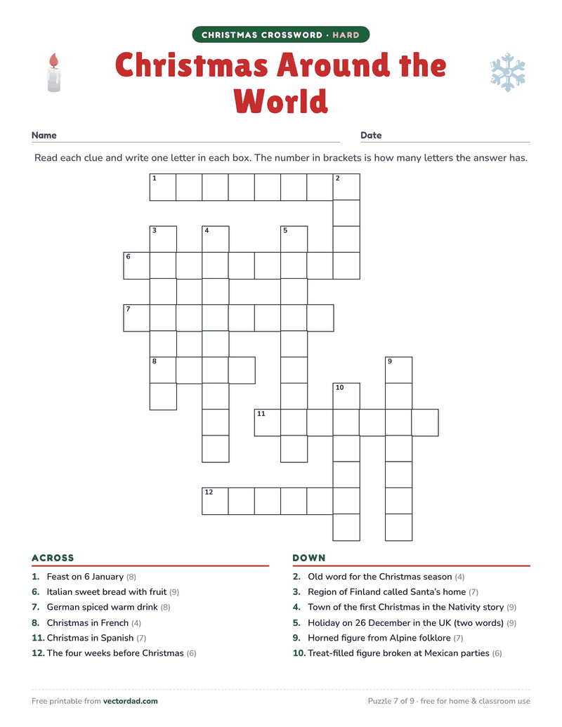 Printable Christmas crossword puzzle — Christmas Around the World (hard, 12 words)
