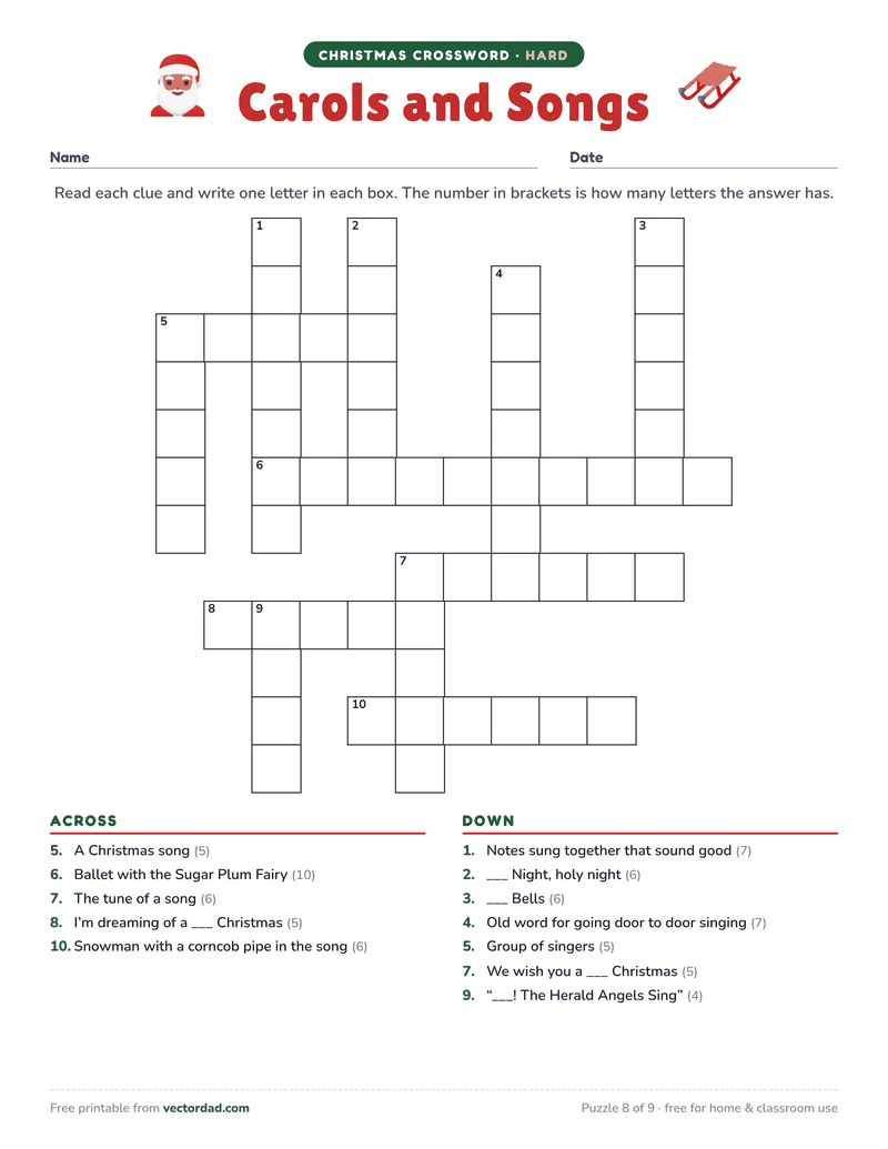 Printable Christmas crossword puzzle — Carols and Songs (hard, 12 words)